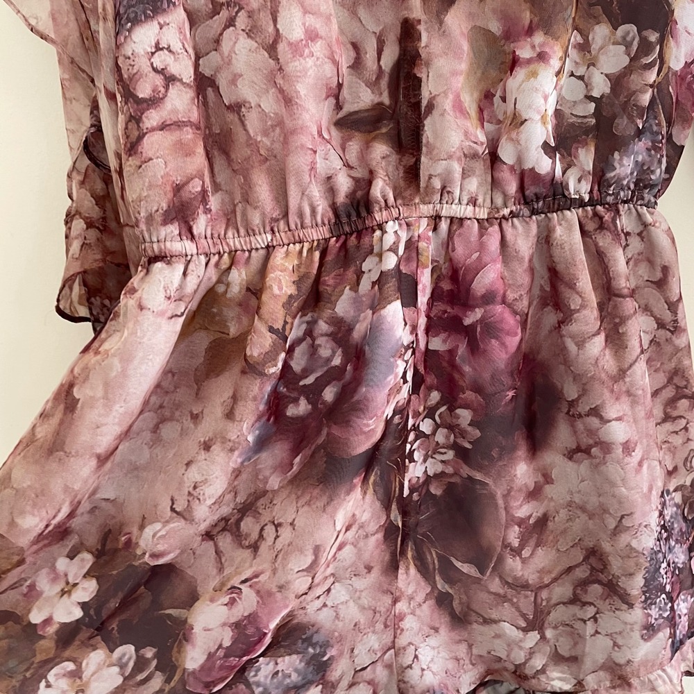 Floral Print Romper Chiffon‎ Ruffle Tie Neck Long Sleeve Women's Size M - Picture 11 of 13
